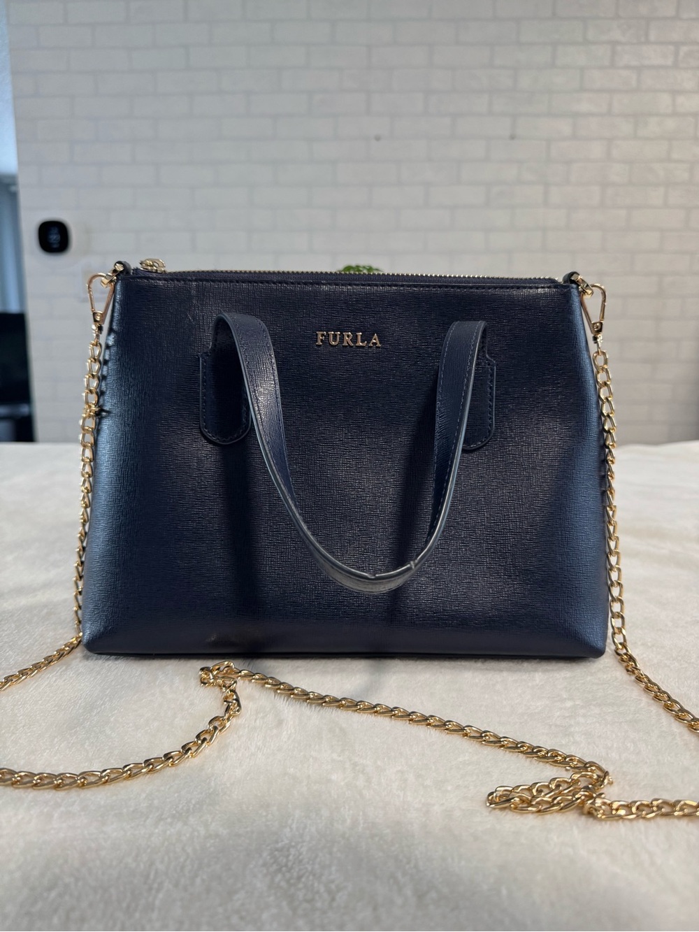 Furla Navy Saffiano Satchel with Gold Chain Strap